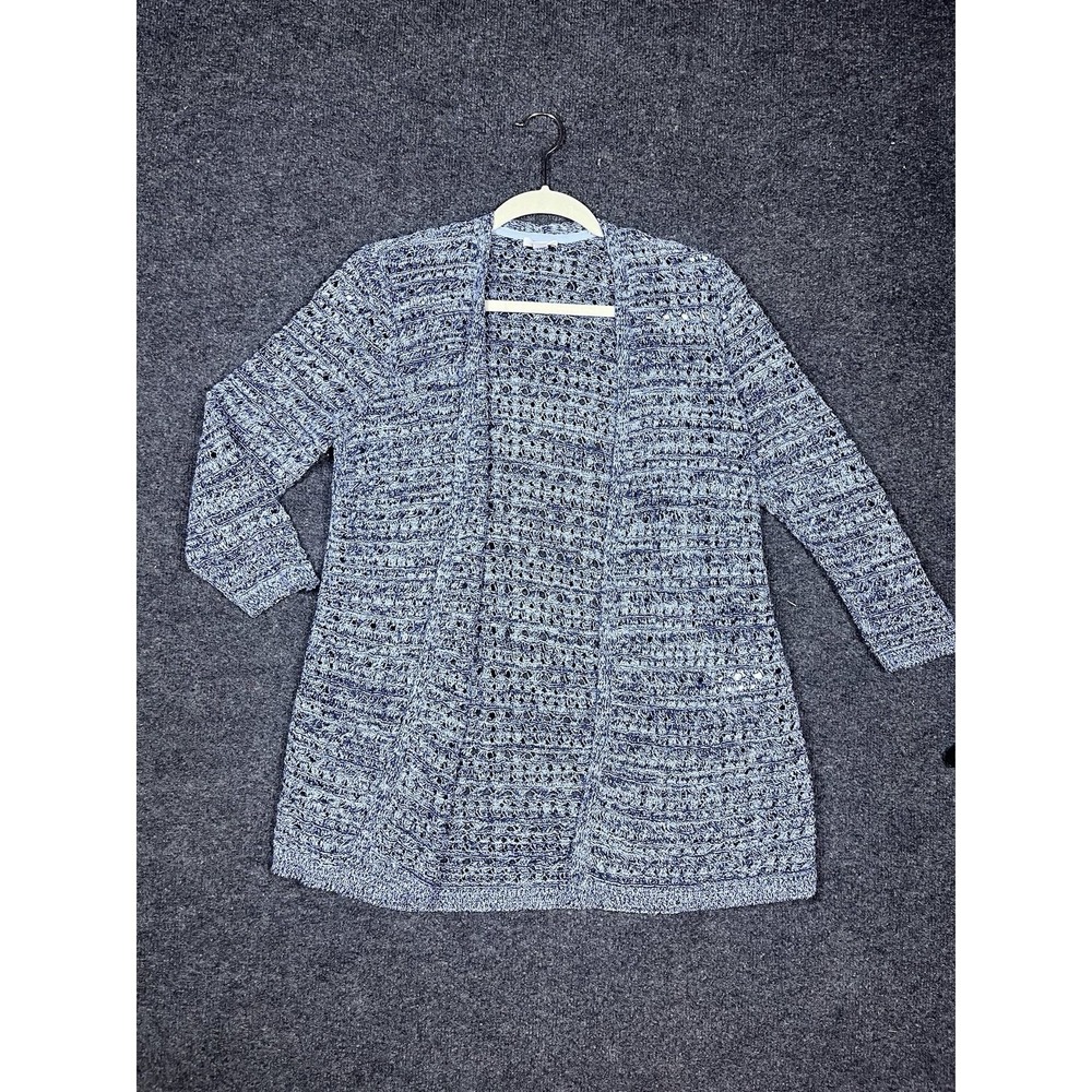 J Jill Cardigan Blue Small Petite Open Front Lagenlook Open Knit Spring Crochet